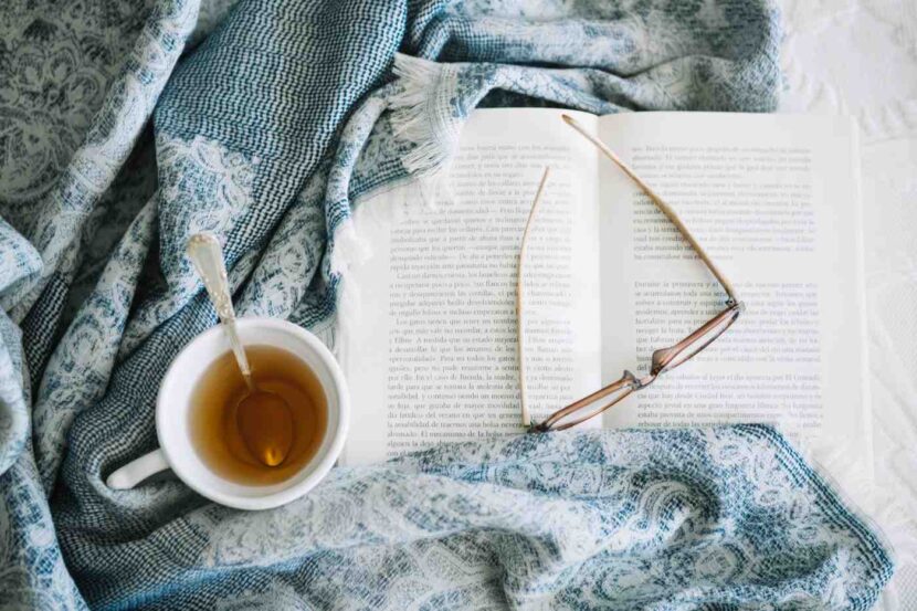 Aesthetic cozy home sanctuary with a soft beige blanket, an open book, and a steaming cup of herbal tea in warm morning sunlight.