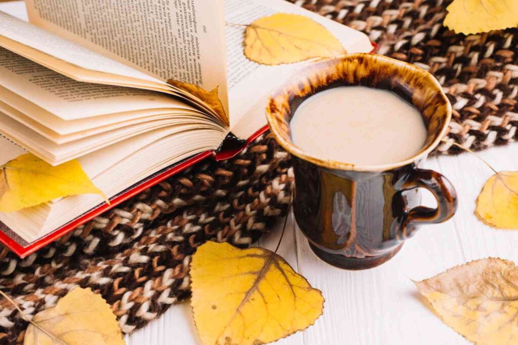 Cozy fall reading nook with a soft blanket, armchair, and stack of books by a window
