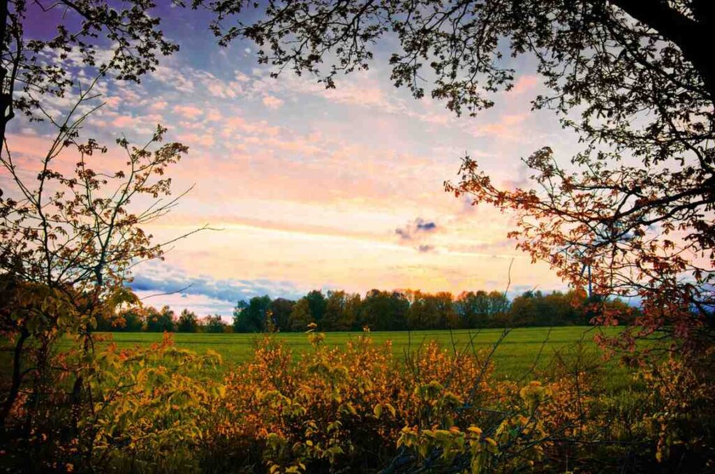 Warm-toned autumn sunset sky viewed from outside, peaceful and quiet